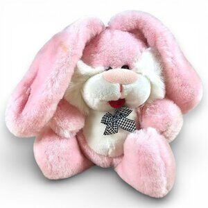 Prestige Toy Corp Bunny Rabbit Plush Stuffed Toy Pink Checkered Bow VTG 1985 12"